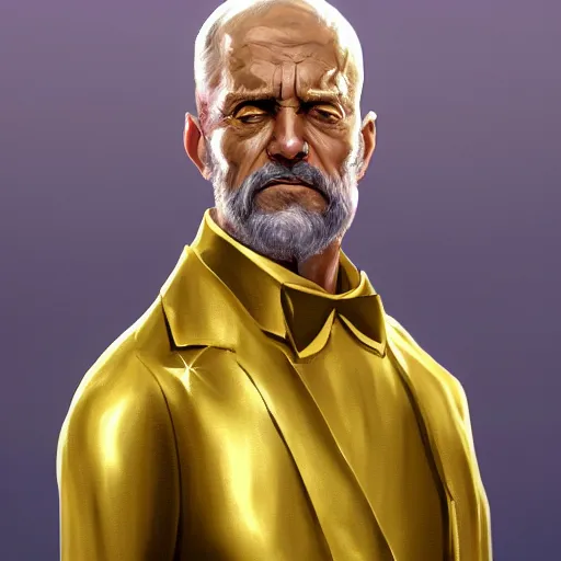 Image similar to a painted portrait of a middle-aged man in a golden suit, D&D, sci-fi, elegant, hopeful, muscular, highly detailed, digital painting, artstation, concept art, smooth, sharp focus, illustration