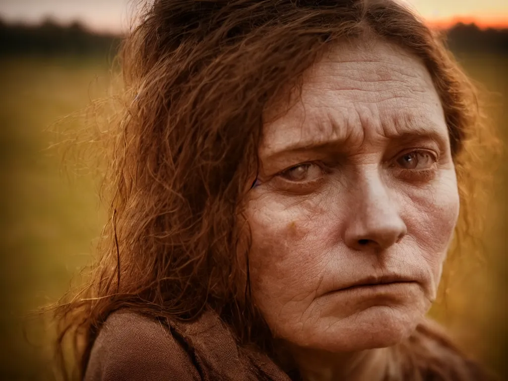 Image similar to close up portrait bust of woman sitting on fence, tired expression, faded color film, russian cinema, tarkovsky, technicolor, heavy forest, wood cabin in distance, shallow depth of field, long brown hair, old clothing, heavy fog, brown color palette, sunset, low light, hudson river school, 4 k, dramatic lighting