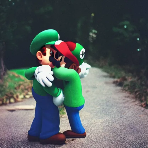 Prompt: photo of super mario hugging luigi, cinestill, 800t, 35mm, full-HD