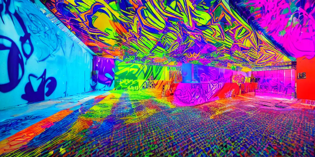 Prompt: backflip into a pool caustics lighting impressive colorful masterpiece graffiti hyper perspective