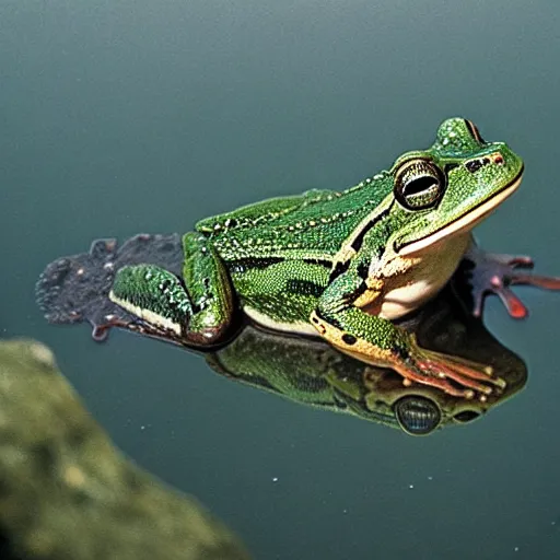 Prompt: “semitranslucent smiling frog amphibian rising above the waters of misty lake in Jesus Christ pose, low angle, long cinematic shot by Andrei Tarkovsky, paranormal, spiritual, mystical”