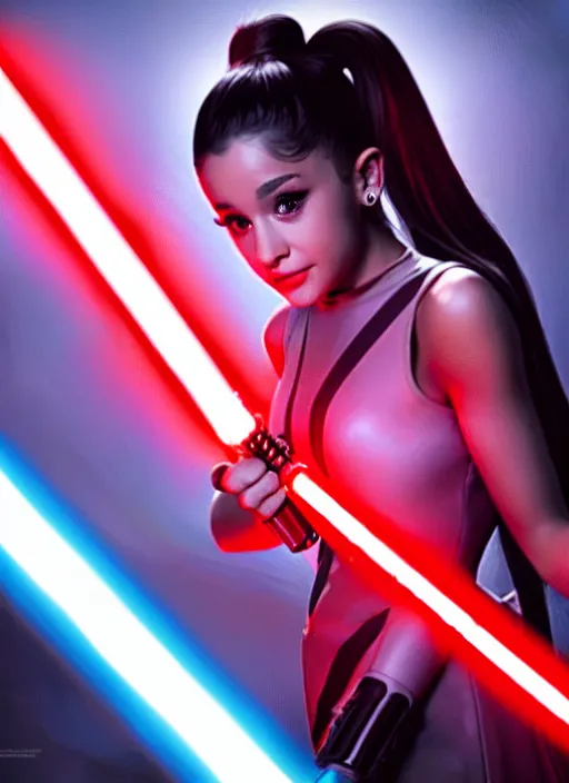 Image similar to Photo of Ariana Grande with a red lightsaber, Star Wars concept art, trending on artstation, dramatic lighting, photo-realistic