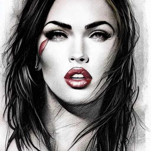 Image similar to tattoo sketch of megan fox's face blended in amazing mountain scenery, in the style of dan mountford