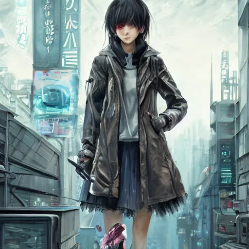 Image similar to dynamic composition, motion, ultra-detailed, incredibly detailed, a lot of details, amazing fine details and brush strokes, colorful and grayish palette, smooth, HD semirealistic anime CG concept art digital painting, watercolor oil painting of Clean and detailed post-cyberpunk sci-fi close-up girl wearing jacket and skirt, in asian city in style of cytus and deemo, blue flame, relaxing, calm and mysterious vibes,, by a Chinese artist at ArtStation, by Huang Guangjian, Fenghua Zhong, Ruan Jia, Xin Jin and Wei Chang. Realistic artwork of a Chinese videogame, gradients, gentle an harmonic grayish colors. set in half-life 2, Matrix, GITS, Blade Runner, Neotokyo Source, Syndicate(2012), dynamic composition, beautiful with eerie vibes, very inspirational, very stylish, with gradients, surrealistic, dystopia, postapocalyptic vibes, depth of field, mist, rich cinematic atmosphere, perfect digital art, mystical journey in strange world