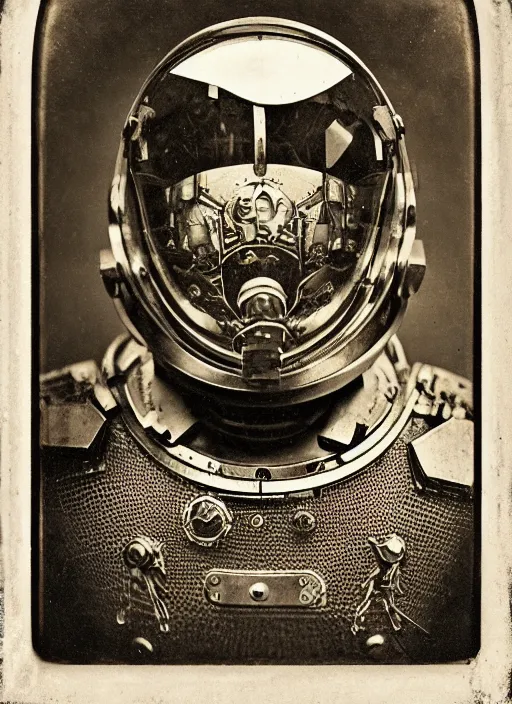 Image similar to old wetplate daguerreotype portrait of a futuristic silver armored space astronaut cyborg, fractal, intricate, elegant, highly detailed, parallax, leica, medium format, subsurface scattering, by jheronimus bosch and greg rutkowski and louis jacques mande daguerre