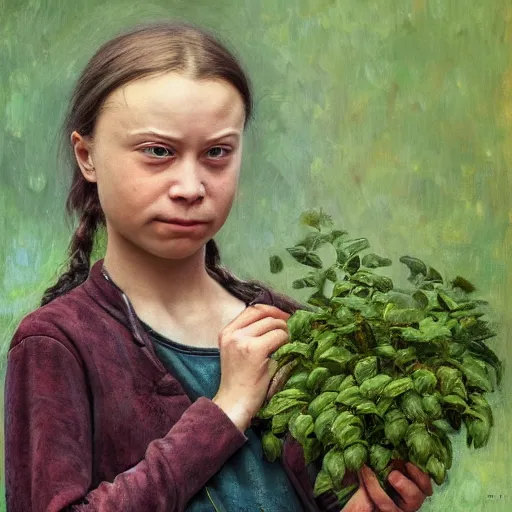 Image similar to Devastated Greta Thunberg holding a green plant and crying, impressionism, barren earth, gloomy colors, brown background, vivid attention to detail, by Greg Rutkowksi and Ilya Repin