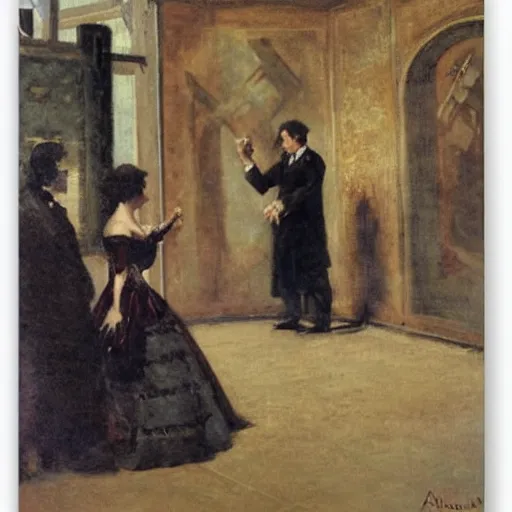 Image similar to gentleman and woman studying a wall full of occult symbols by alfred stevens