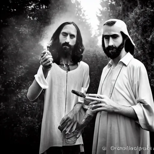 Image similar to jesus and satan smoking a bong together, award winning candid photography, cinematic