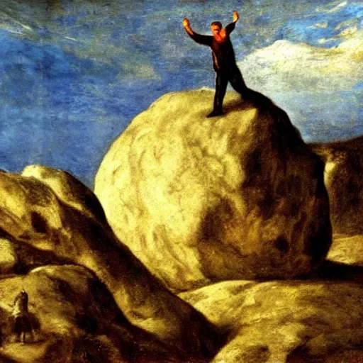 Image similar to a painting of benjamin netanyahu as sisyphus, carrying large boulder on shoulders, mountain background, by franz stuck