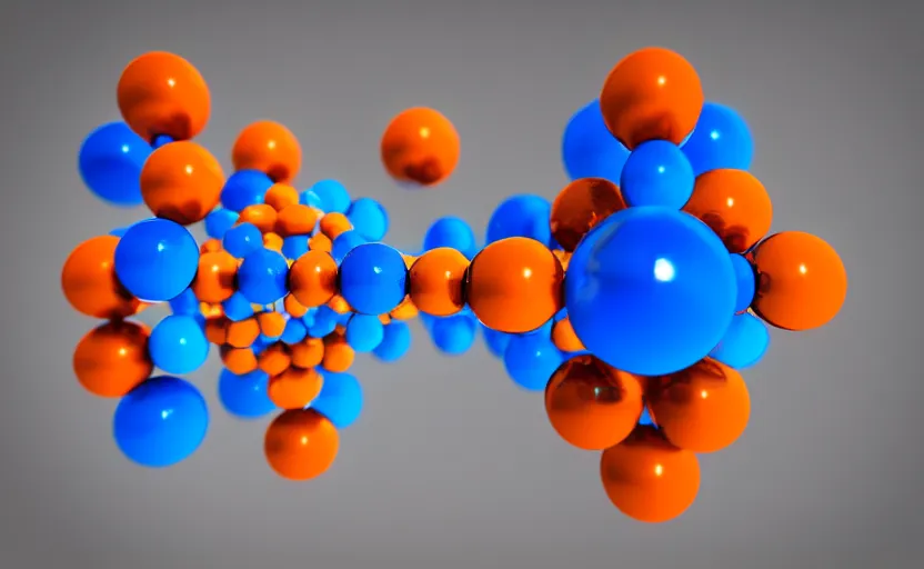 Prompt: classic 3 d model of molecule, made out of glass marbles and chrome steel rods, ( diamond structure ) blue and orange, octane render, studio light, 5 0 mm, hyper realism