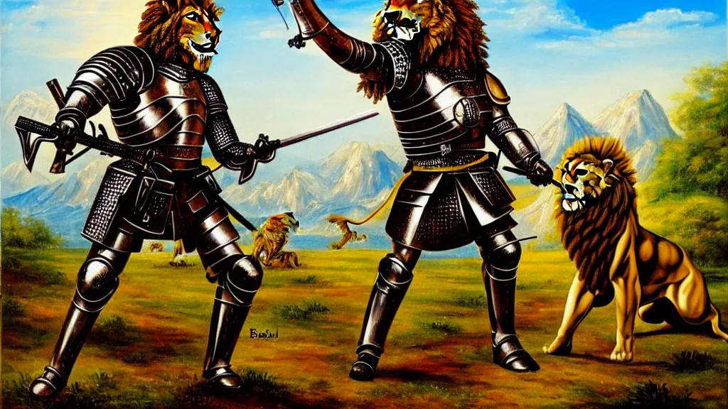 Image similar to fully armored knight wielding an automatic weapon fighting a lion in a medieval setting, painted by bob ross