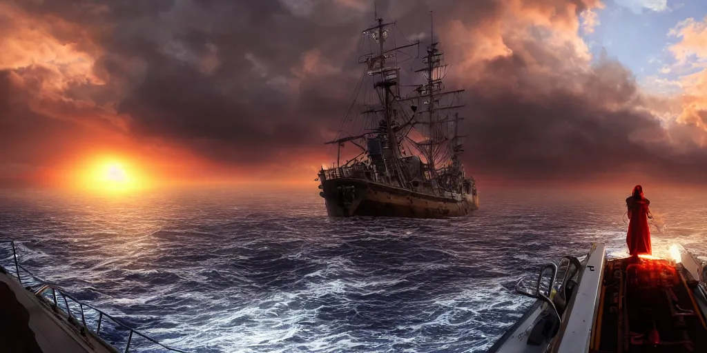Prompt: medieval woman ship pilot from behind standing at the bow of a ship at sea, dramatic golden neon sunset with thick wall of storm clouds, dynamic lighting, hyperrealistic, HD 4k, artstation
