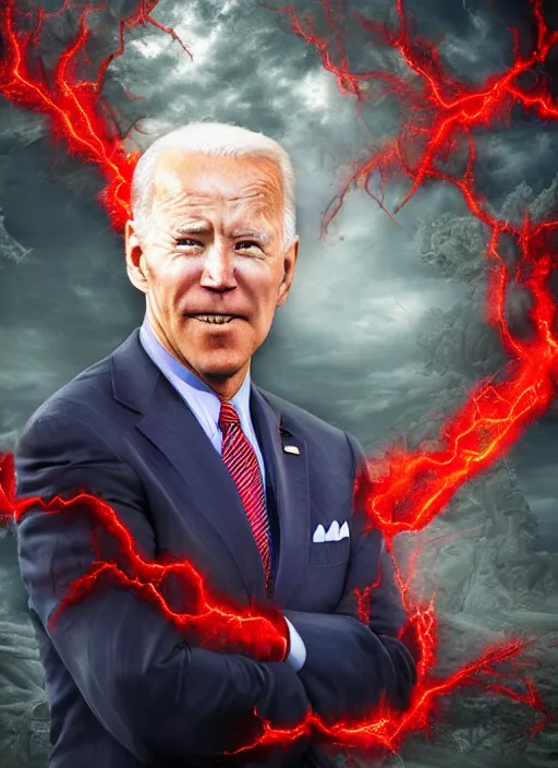 Image similar to hyper realistic ultra realistic chaos magic photo furious glowing red eyes biden, high quality photo, detailed , 8k