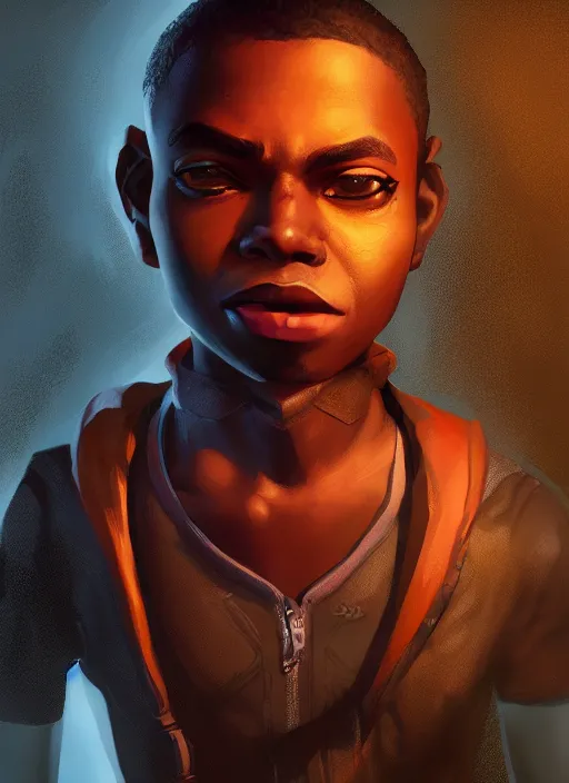 Image similar to An epic fantasy comic book style portrait painting of a small dark skinned boy thief, unreal 5, DAZ, hyperrealistic, octane render, cosplay, RPG portrait, dynamic lighting