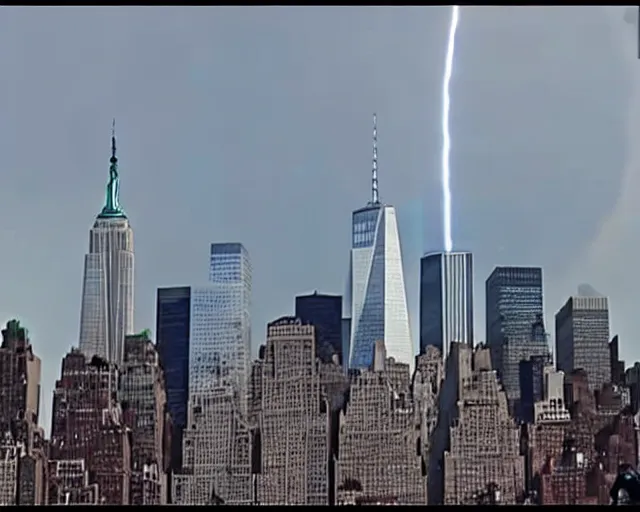 Image similar to [alien invasion] ufo footage spotted at new york city. there is explosions all over the city. 9/11 inspired. archangel michael inspired by an alien.