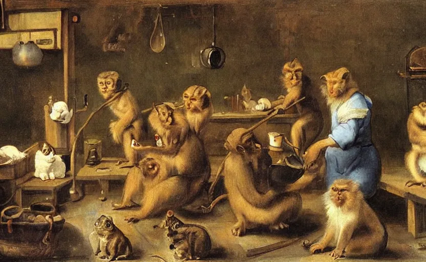 Prompt: barber shop with monkeys and cats by abraham teniers