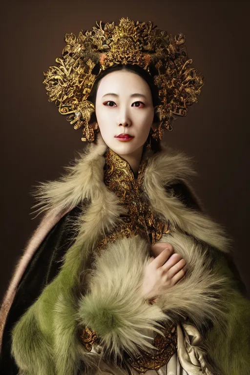 Prompt: a beautiful empress portrait, with a brilliant, impossible striking huge fur headpiece, fur clothes robes, everything fur, symmetrical, dramatic studio lighting, rococo, baroque, greens, asian, hyperrealism, closeup, D&D, fantasy, intricate, elegant, highly detailed, digital painting, artstation, octane render, 8k, concept art, matte, sharp focus, illustration, art by Artgerm and Greg Rutkowski and Alphonse Mucha