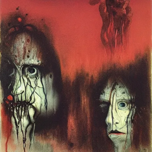 Prompt: landscape of Multiple faces all melting into one, horror, Francisco Goya and Francis Bacon painting. Andy Warhol and Beksiński masterpiece