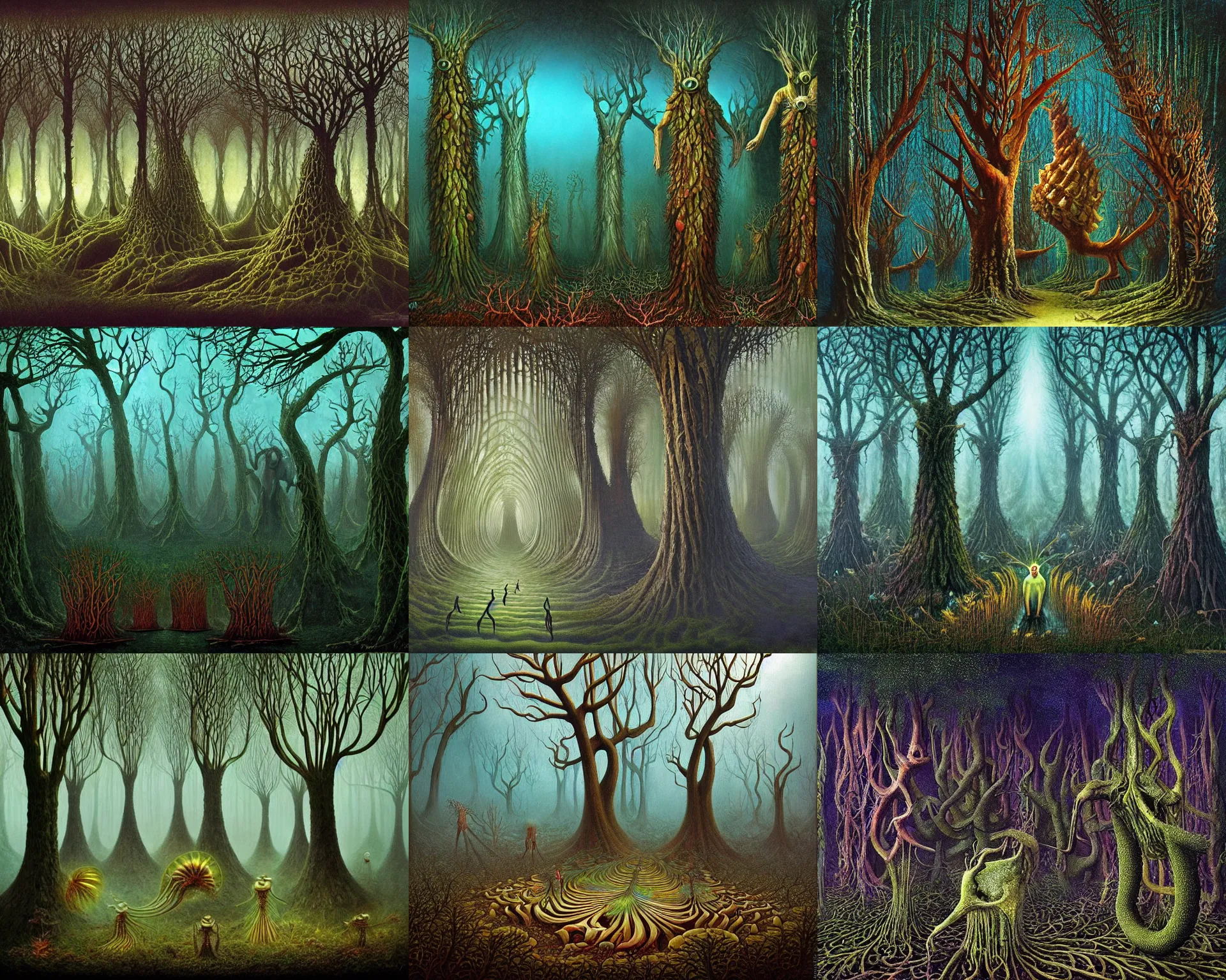 Prompt: underwater fractal acid trip forest, strange creatures walking around, by vladimir kush and giger