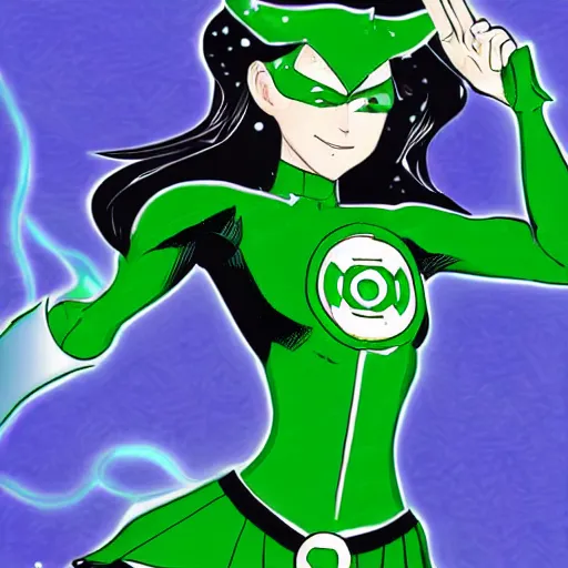 Prompt: Illustration of Green Lantern as a Magical Girl, green sailor uniform, anime, concept art, superheroine, shojo