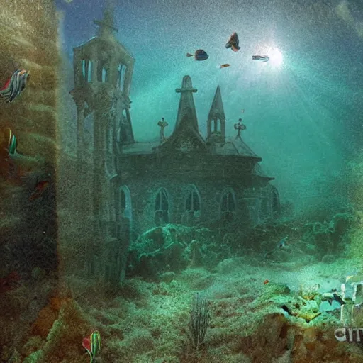 Prompt: underwater church photograph