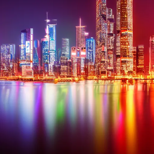 Prompt: Cyberpunk city skyline, night, reflection on water, neon, 4k