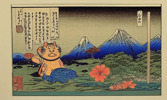 Prompt: garfield in the style of utagawa hiroshige, japanese woodblock, classical japanese art, traditional japanese art, highly detailed, beautiful colors, award winning, dark, gritty, ink and watercolor