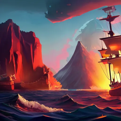 Image similar to a melting pirate on a ship on a scorching hot ship, volcano in the background, d & d, sea of thieves, fantasy digital painting, trending on artstation, concept art, sharp focus, illustration, global illumination, ray tracing, realistic shaded, art by artgerm and greg rutkowski and fuji choko and viktoria gavrilenko and hoang lap