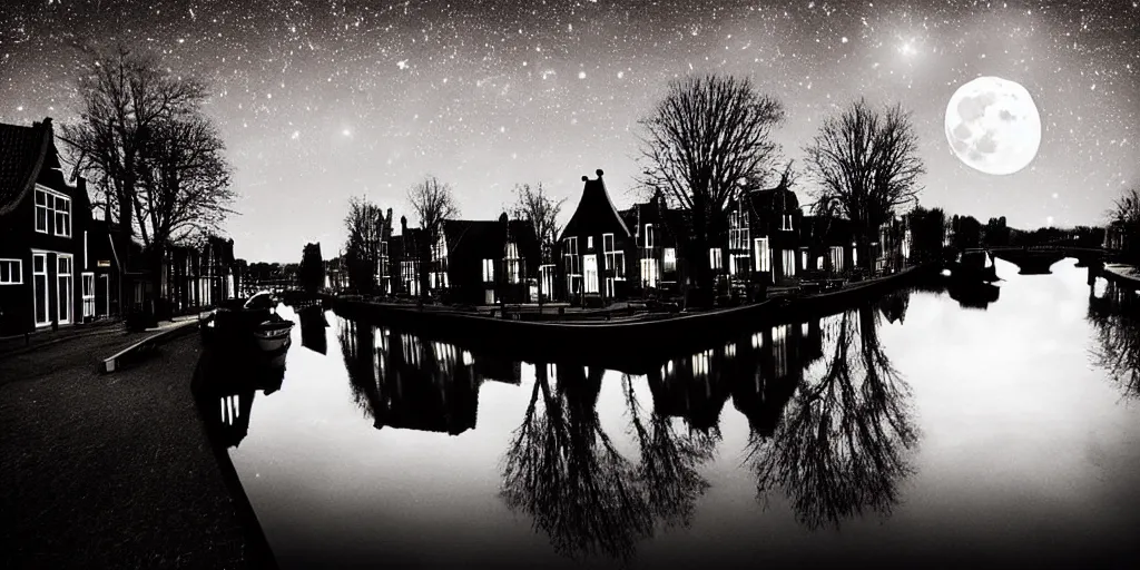 Image similar to Dutch houses along a river, silhouette!!!, Circular white full moon, black sky with stars, lit windows, stars in the sky, b&w!, Reflections on the river, a man is punting, flat!!, Front profile!!!!, high contrast, HDR, concept art, street lanterns, 1904, Style of Frank Weston, illustration