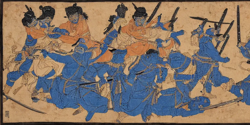 Prompt: On this carving is an artwork of Jang Kyungsu retaliating with her sword while brandishing shivs. Seven tapirs advance, covered in intestines. The work is shaded in hues of blue and white. This depiction tells the story of Jang's caravan fighting off an ambush on the 9th of Decembary, 5500.