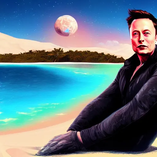 Image similar to elon musk chilling on the beach,digital art,detailed face,artstation,deviantart