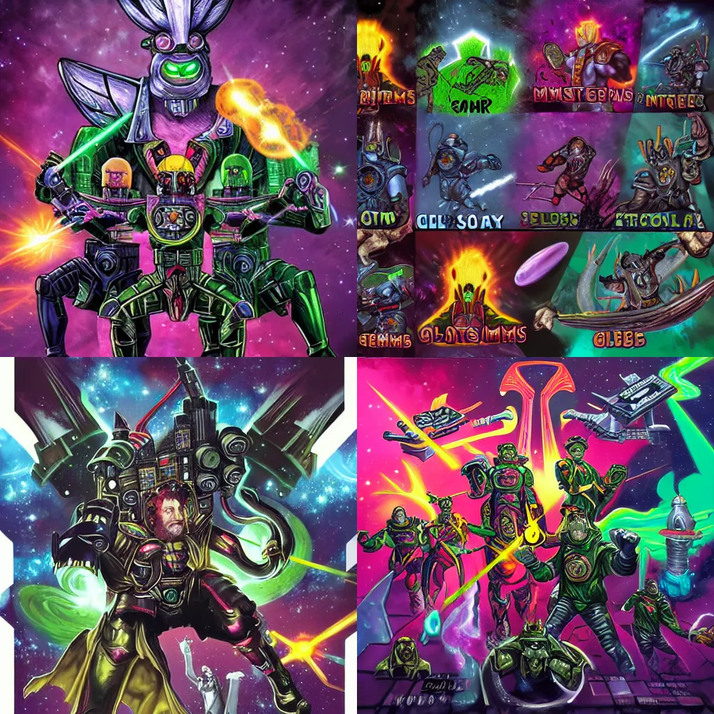 Prompt: The masters of the galaxy, the lords of space dundee, gloryhammer splash art, very detailed