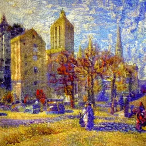Image similar to impressionist painting of a utopian stone city in the styles of Charles R. Knight