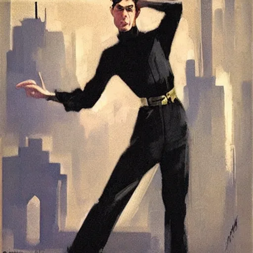 Image similar to scifi art of a portrait by marc davis, a man in his thirties, mix between french, turkish and russian, short black hair with bangs, very tall and slender, wearing a retro - futuristic beige and black utilitarian jumpsuit.