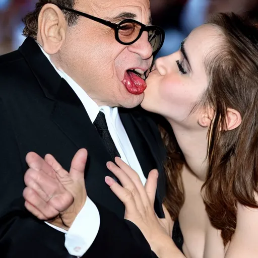 Image similar to danny devito and emma watson, french kissing, tongues, close up, deep