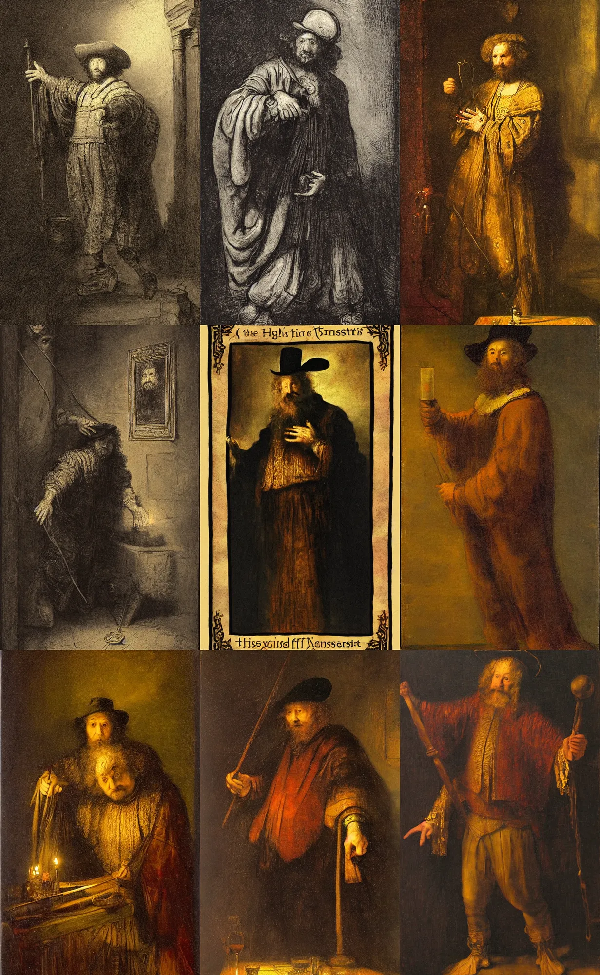 Prompt: tarot card the magician in the style of rembrandt, high quality