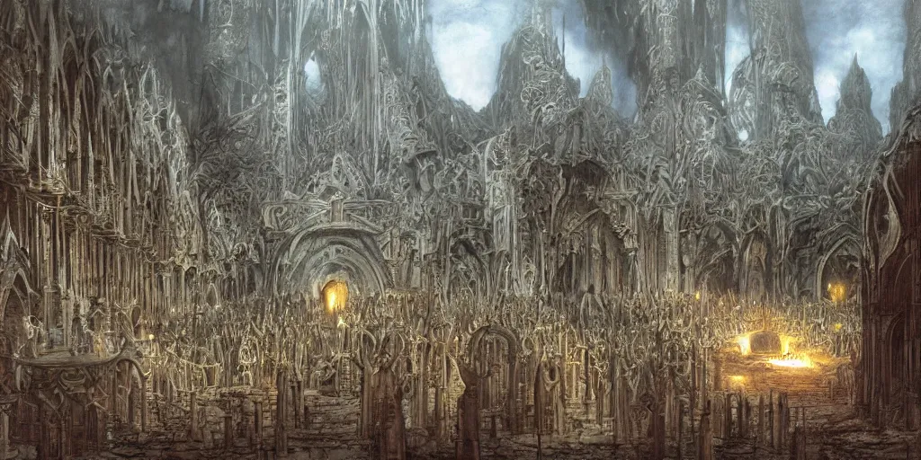 Image similar to Artwork by John Howe of the cinematic view of the Sanctuary of the Executioner.