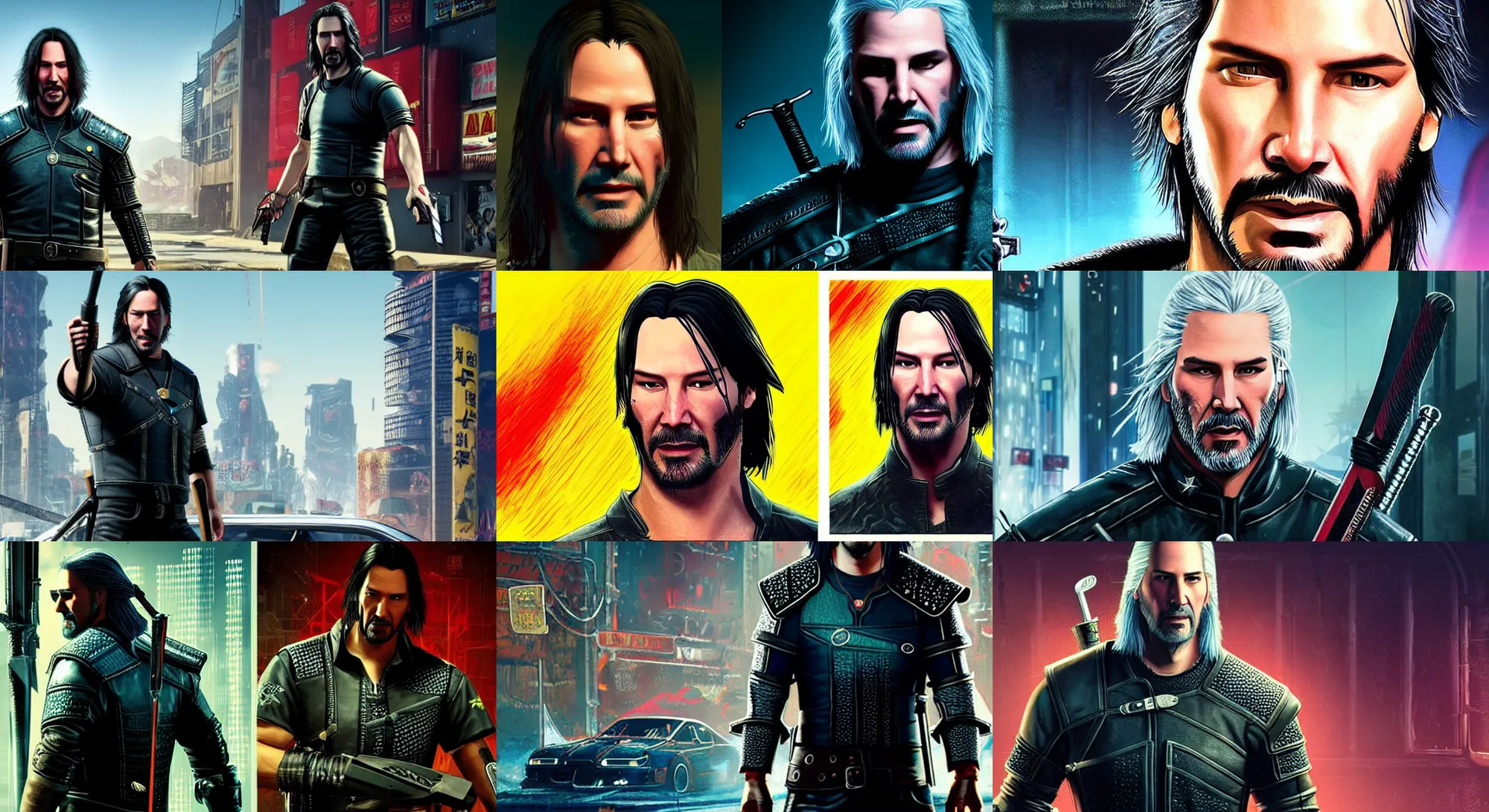 Prompt: keanu reeves as geralt of rivia, in the style of johnny silverhand, in the style of cyberpunk 2 0 7 7, 8 k, sharp and detailed