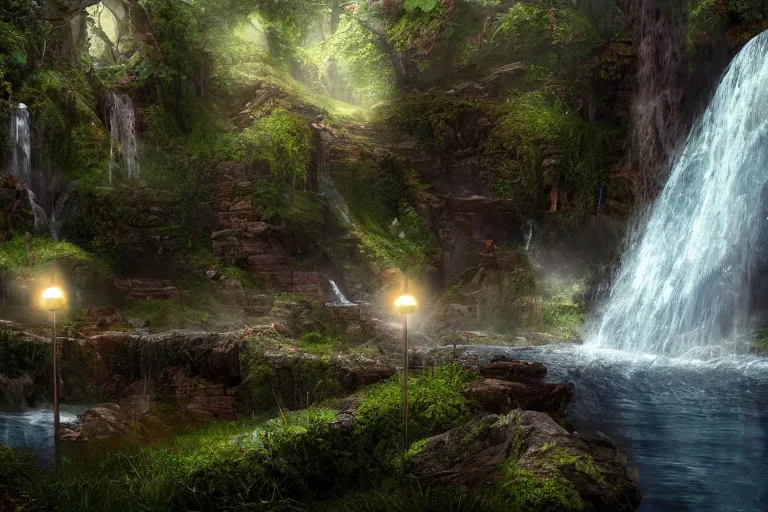 Image similar to An enchanted fantasy waterfall. Cinematic lighting. Photorealism.