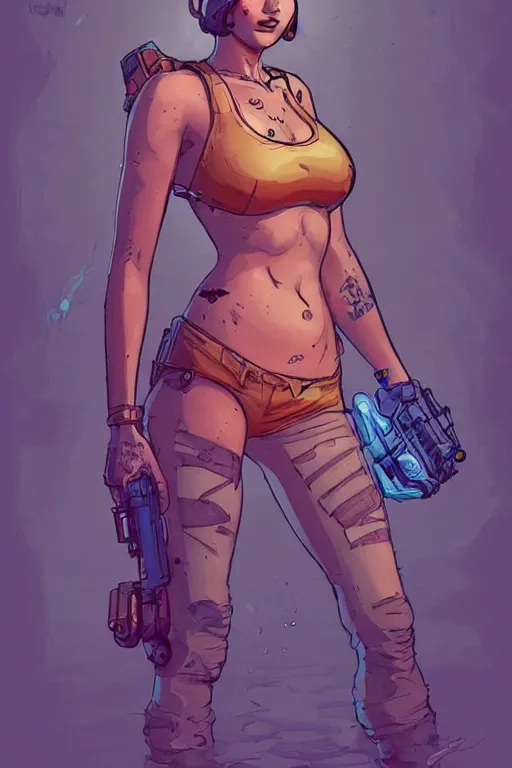 Image similar to a study of cell shaded portrait of Jennifer Lawrence Siren as a Borderlands 3 character, llustration, post grunge, concept art by josan gonzales and wlop, by james jean, Victo ngai, David Rubín, Mike Mignola, Laurie Greasley, highly detailed, sharp focus, alien, Trending on Artstation, HQ, deviantart, art by artgem