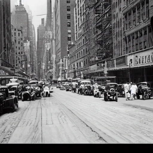 Image similar to new york city street at 1 9 3 0 s. low angle. old photo