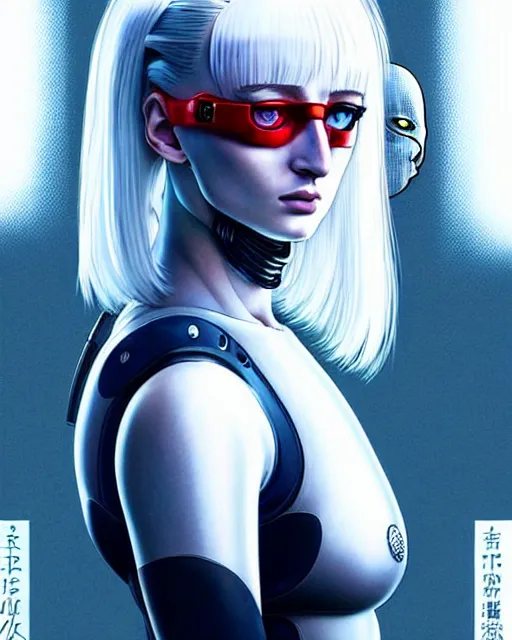 Prompt: white haired cyborg sophie turner wears octopus!!! shaped gas mask, fine detail!! anime!! realistic shaded lighting!! poster by ilya kuvshinov katsuhiro otomo ghost in the shell, rutkowski giger villeneuve artgerm garmash and rob rey