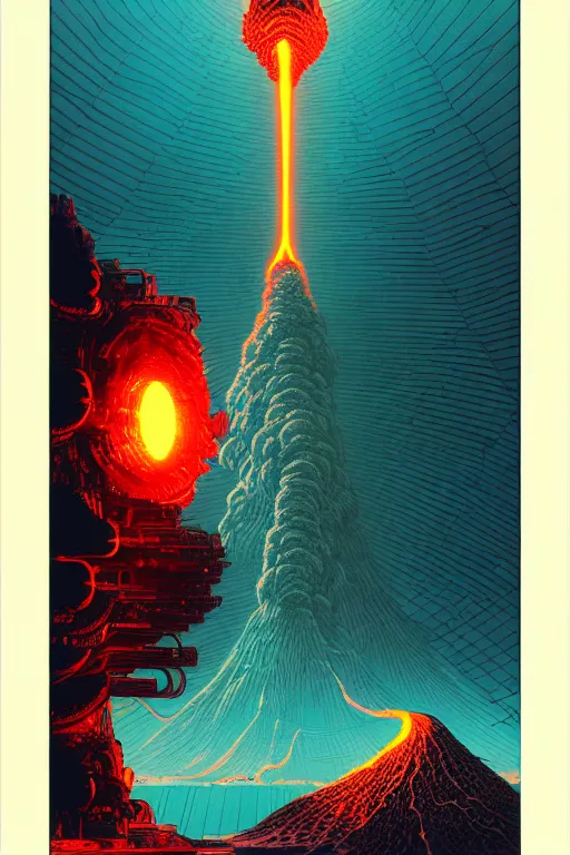 Image similar to artwork by kilian eng and toshi yoshida and franklin booth showing a futuristic powerstation!! in front of a ( ( erupting volcano ) ), vintage scifi, high details, dramatic lightning,, 8 k