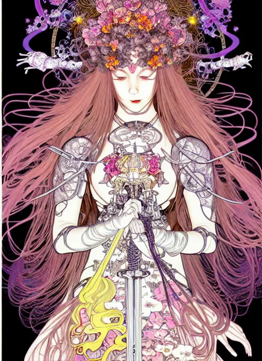 Image similar to highly detailed terada katsuya artstation manga poster of witch mechine, hajime sorayama, rainbow gradient bloom, long hair, armor, dress, laces, ruffles, 8 k, maximalist, ayami kojima, alphonse mucha