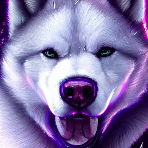 Prompt: aesthetic portrait commission of a furry anthro husky with epic neon rimmed outfit, short depth of field close up shot hyper-detailed, cinematic intense Atmosphere with heavy rain drenching husky. Character design by charlie bowater, ross tran, artgerm, and makoto shinkai, detailed, inked, western comic book art, 2021 award winning painting