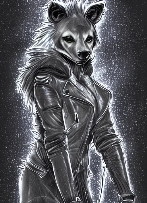 Image similar to digital drawing of anthromorphic hyena female drawn in cell shaded, fursona, furry fandom, neon rainy cyberpunk setting, anthro, wearing leather jacket, detailed face,