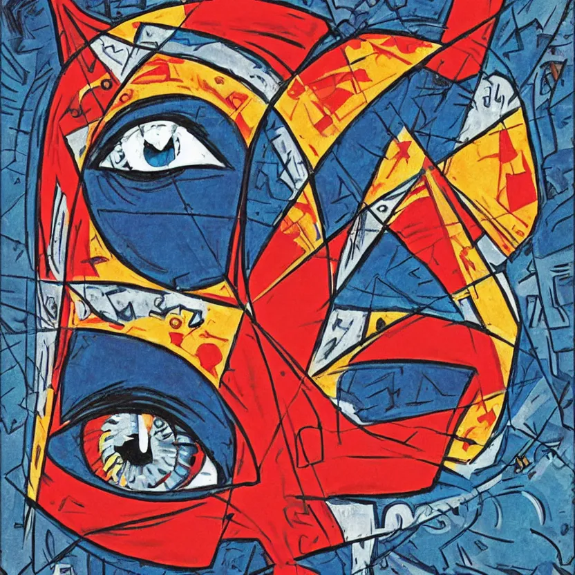 Prompt: giant evil eye charm, comic book cover art inspired by tim doyle, cubism