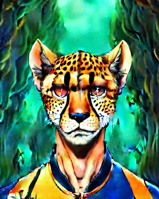 Prompt: don bluth, loish, artgerm, joshua middleton, anthropomorphic cheetah, wearing a track suit, smiling, symmetrical eyes symmetrical face, colorful animation forest background