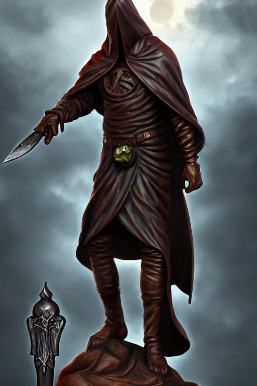 Image similar to a statue of a hooded cultist is holding a bloody knife in one hand and a tomato on the other, by patrick mcenvoy and michael komarck and fantasy flight, incredible quality, trending on artstation
