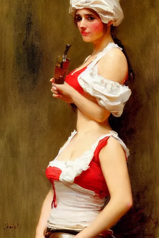 Image similar to Richard S. Johnson and Solomon Joseph Solomon and Richard Schmid and Jeremy Lipking victorian genre painting full length portrait painting of a young beautiful woman traditional german french barmaid in fantasy costume, red background